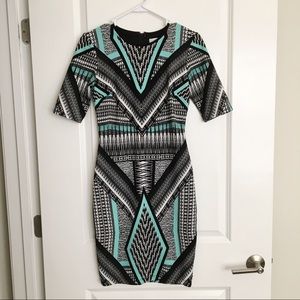 Black, White, Teal Print Dress